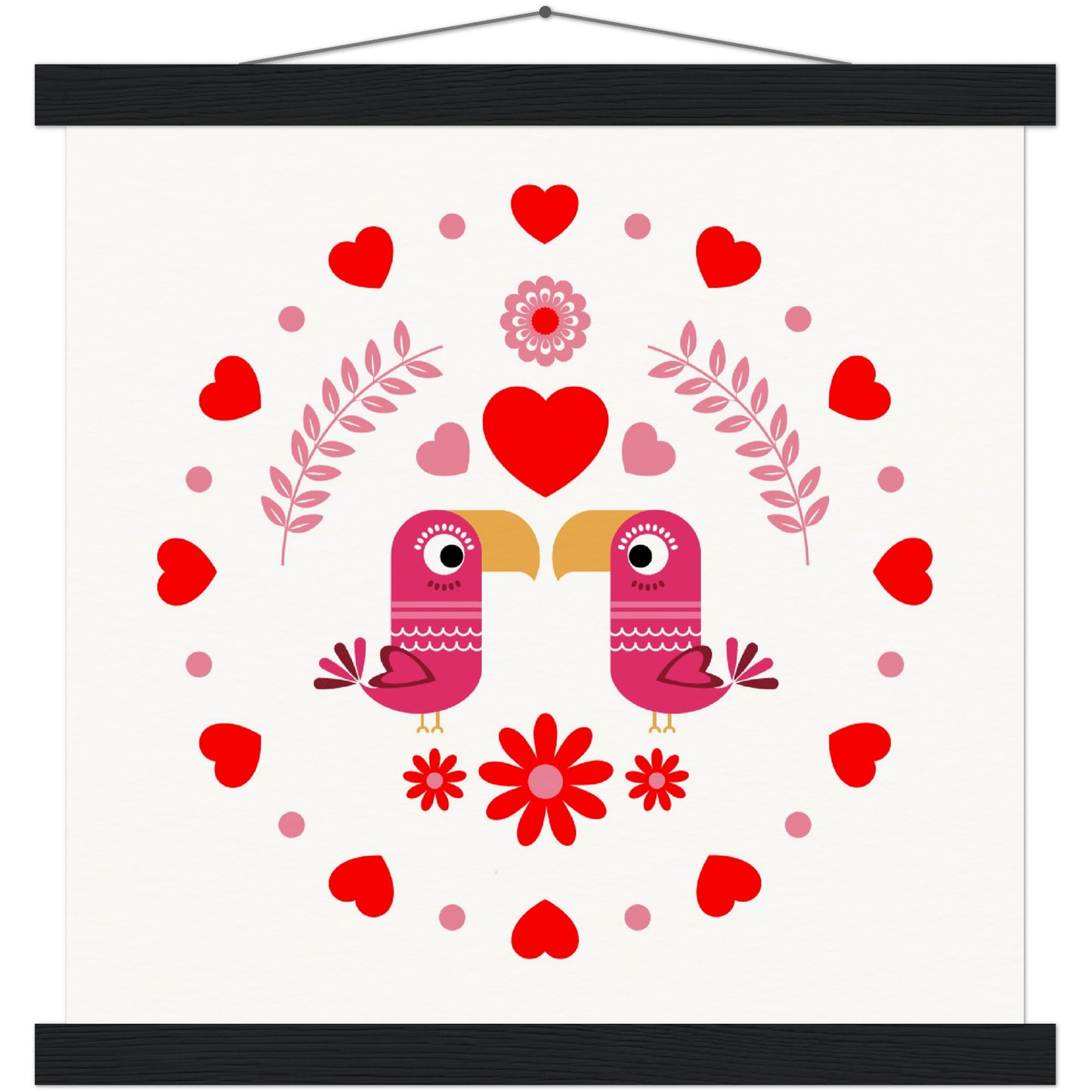 Museum-Quality Matte Paper Poster & Hanger - Birds Mirrored with Floral-Botanical and Circling Hearts - Valentine