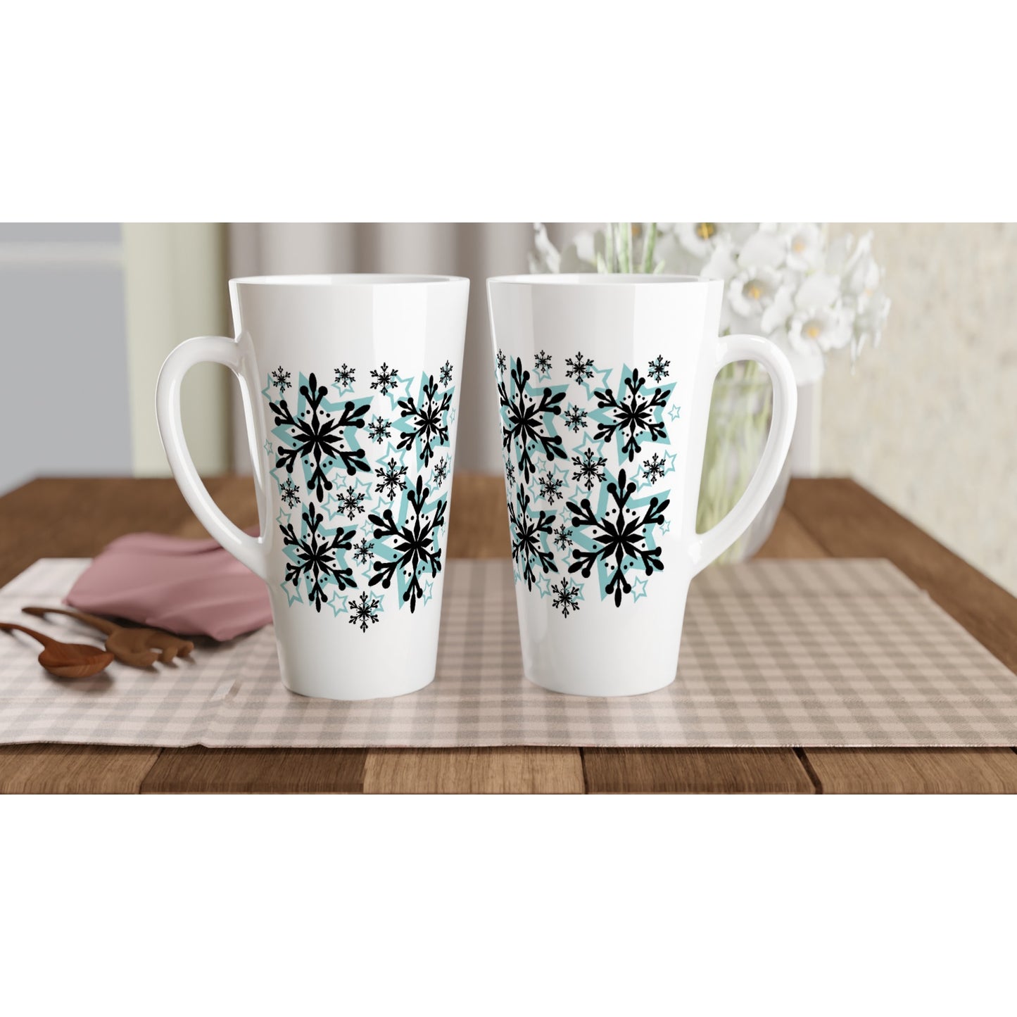 White Latte 17oz Ceramic Mug Snow Crystals and Blue Stars