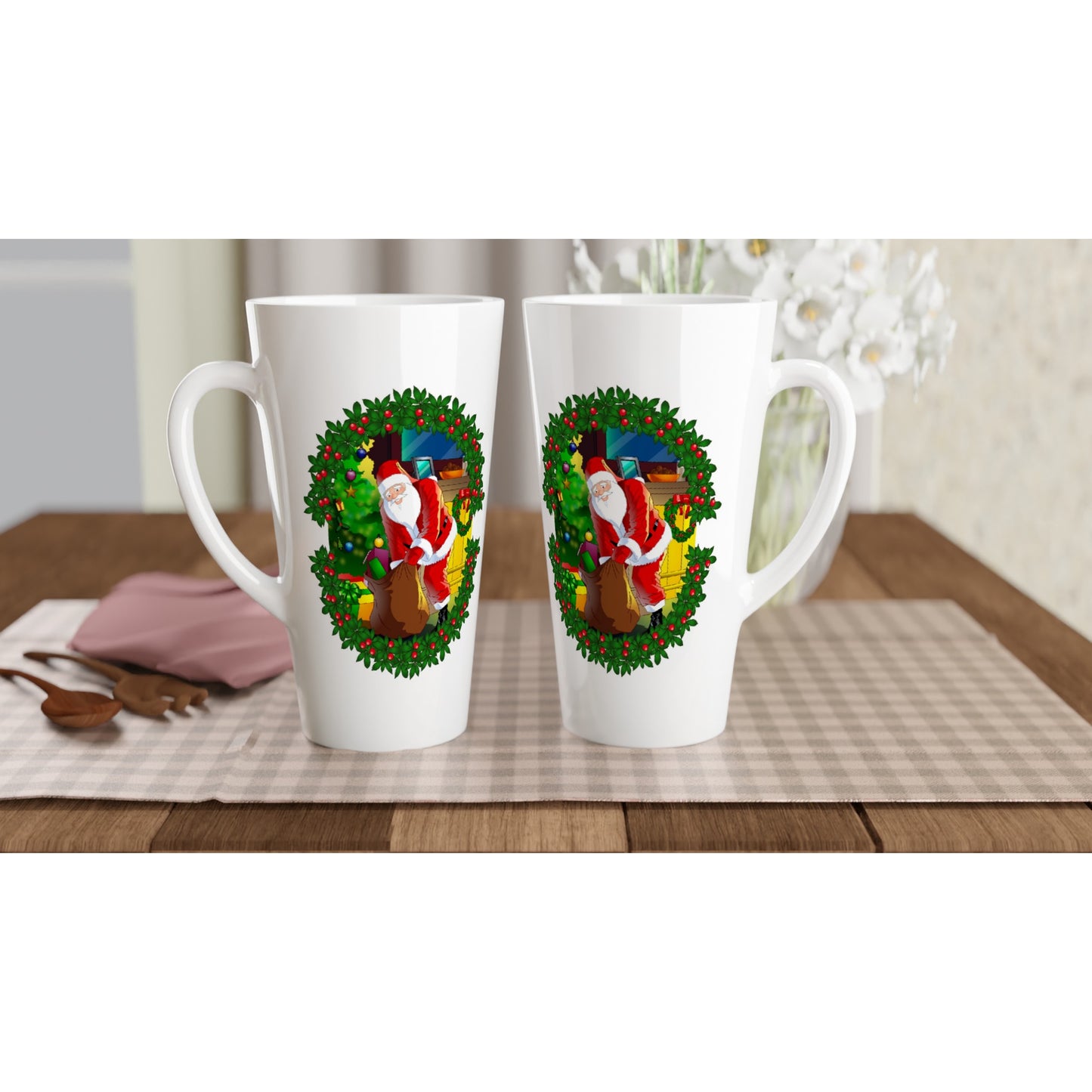 White Latte 17oz Ceramic Mug Santa-fireplace-Reath