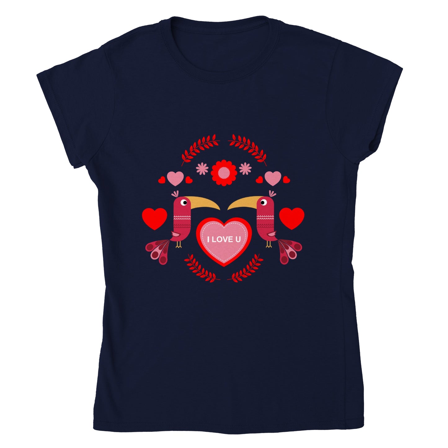 Classic Womens Crewneck T-shirt - Birds Mirrored with Floral-Botanical and Circling Hearts - Valentine