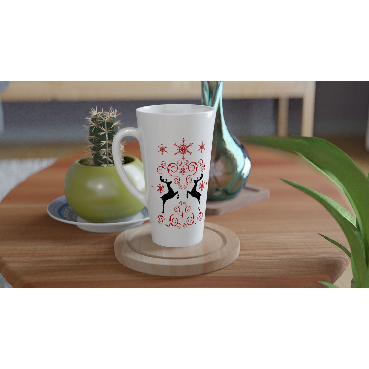 White Latte 17oz Ceramic Mug reindeers-mirroring-snow crystals