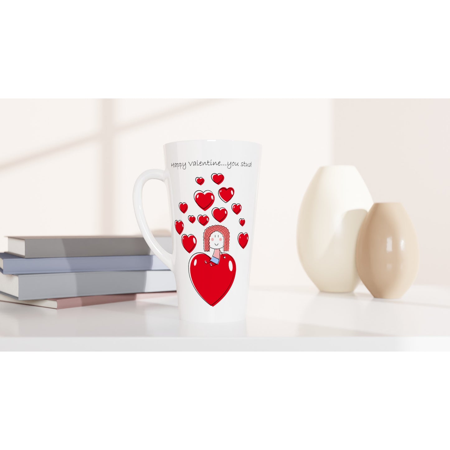 White Latte 17oz Ceramic Mug - Girl sitting on Heart - Valentine