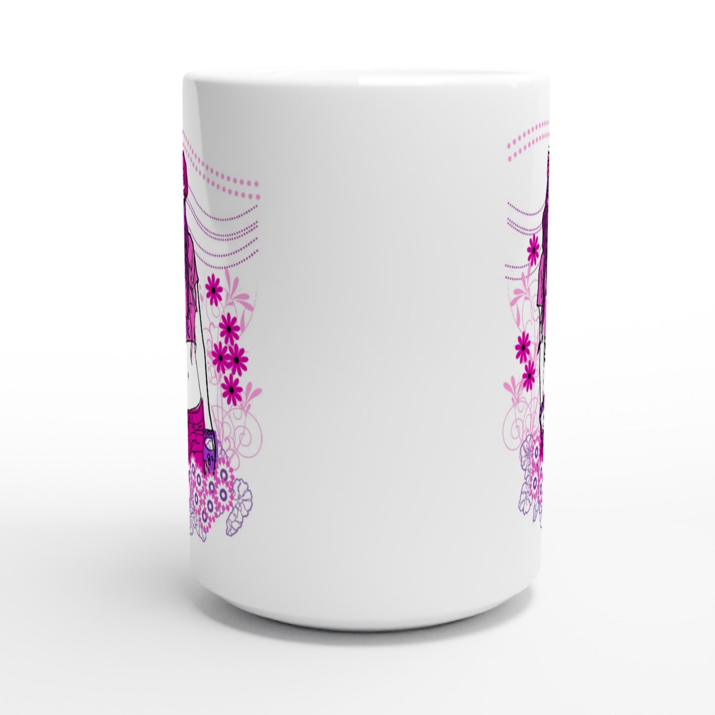 White 15oz Ceramic Mug - Girl In Pink-Nature And Floral