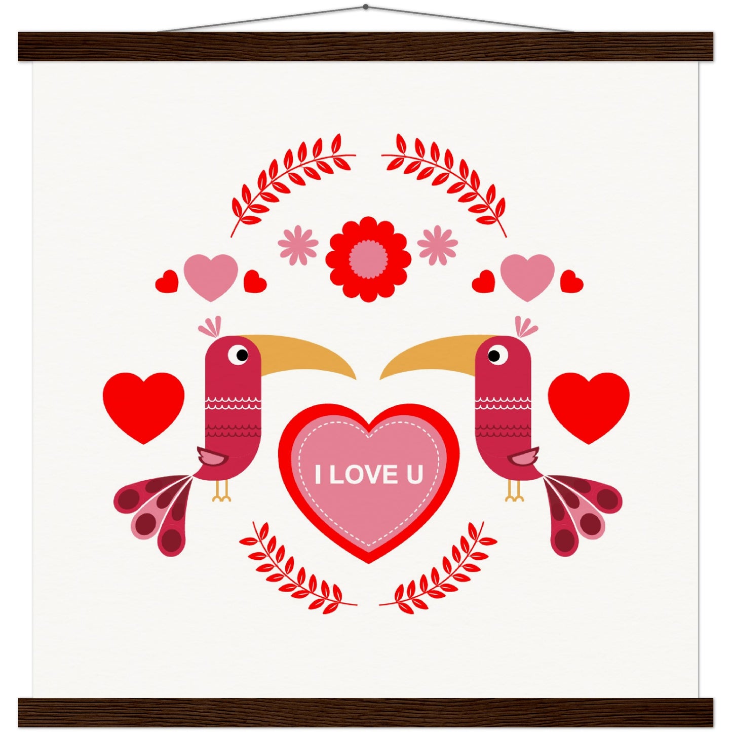 Museum-Quality Matte Paper Poster & Hanger - Birds Morrored with Floral-Botanical and Hearts - Valentine