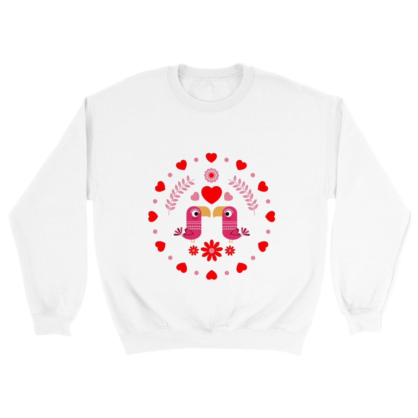 Classic Unisex Crewneck Sweatshirt - Birds Mirrored with Floral-Botanical and Circling Hearts - Valentine