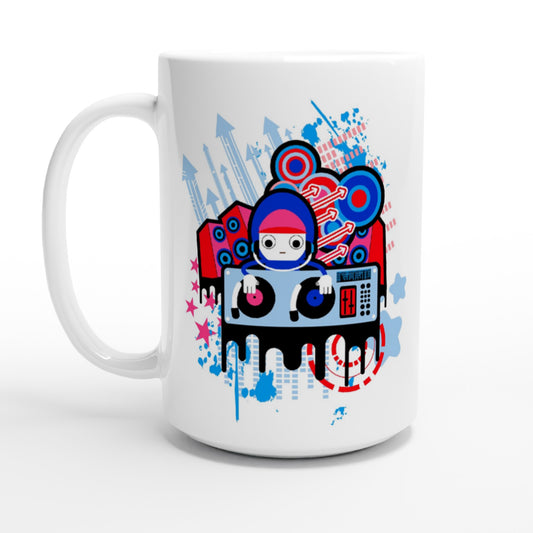 White 15oz Ceramic Mug - Graphic Cartoon of a DJ on two Decks....Blue, Red and Pink