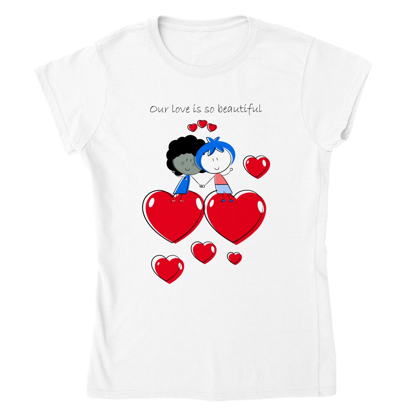 Classic Womens Crewneck T-shirt - Couple Standing and Holding Hands On Hearts - Valentine