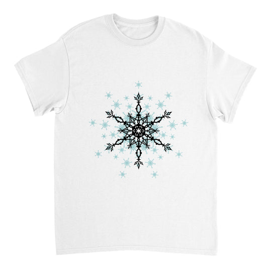 Womens Heavyweight Unisex Crewneck T-shirt Snow Crystals- Black and Blue