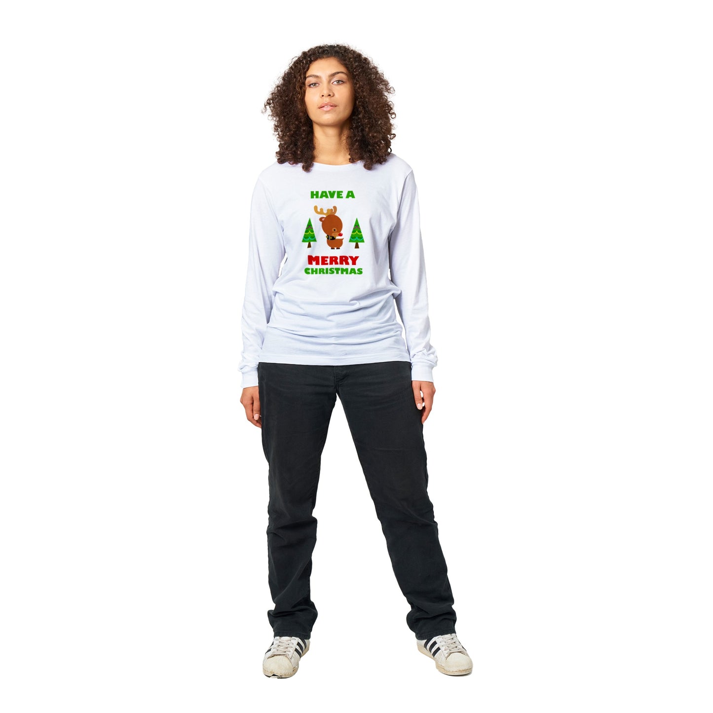 Womens Premium Unisex Longsleeve T-shirt Baby looking Rudolf with Christmas trees