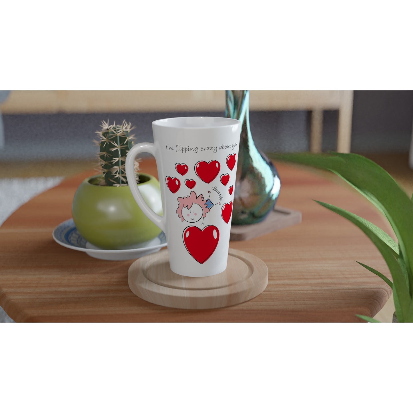 White Latte 17oz Ceramic Mug - White 15oz Ceramic Mug - Girl doing a Flip Between Hearts - Valentine