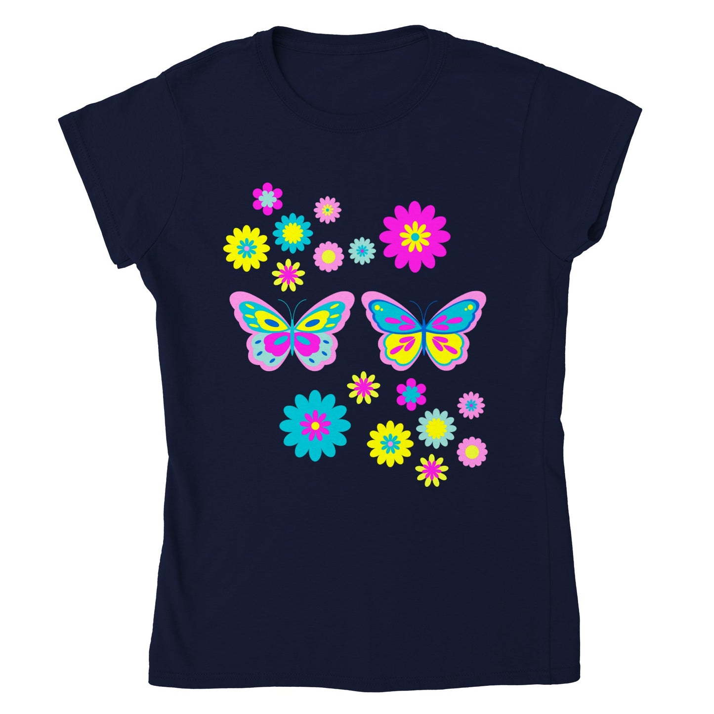 Classic Womens Crewneck T-shirt - Beautiful Graphic Floral and Butterflies in vibrant colours