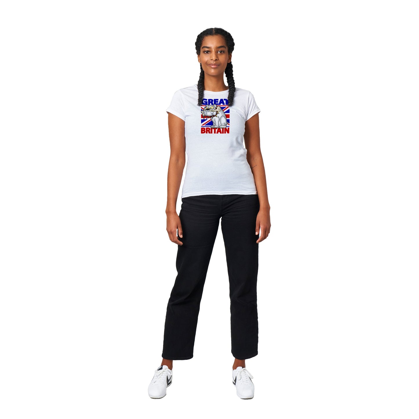 Classic Women's Crewneck T-shirt - Cartoon Bulldog with bone and Union Jack Flag