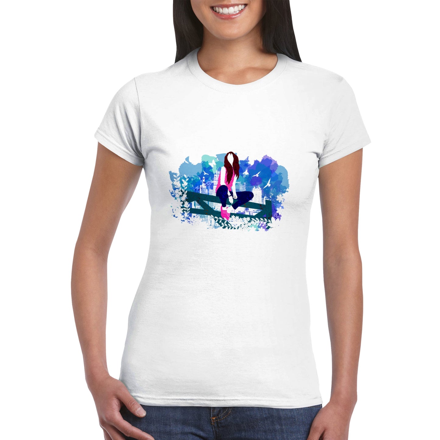 Classic Womens Crewneck T-shirt - Girl on a fence with  City Skylines - Graphic Wash