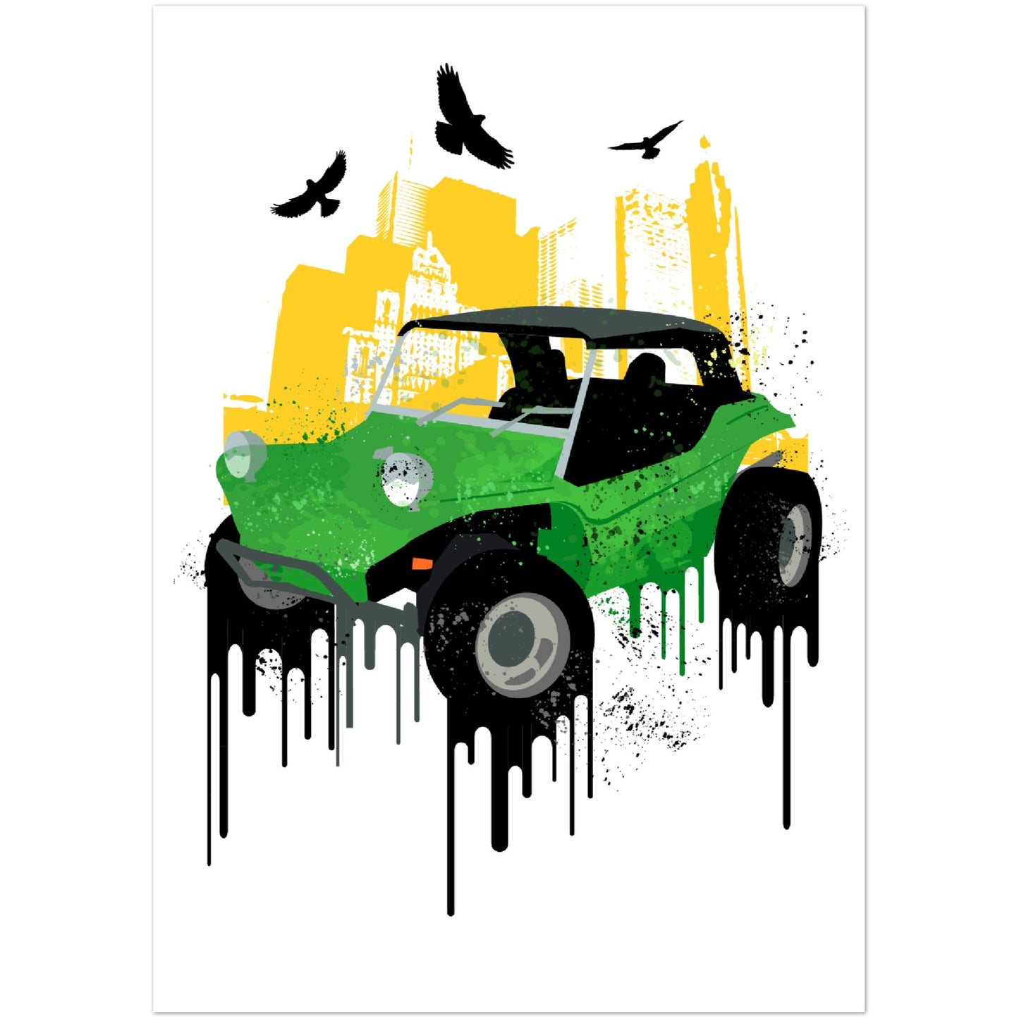 Premium Matte Paper Poster - Dune Buggy with City Background and Birds. Graphic Paint