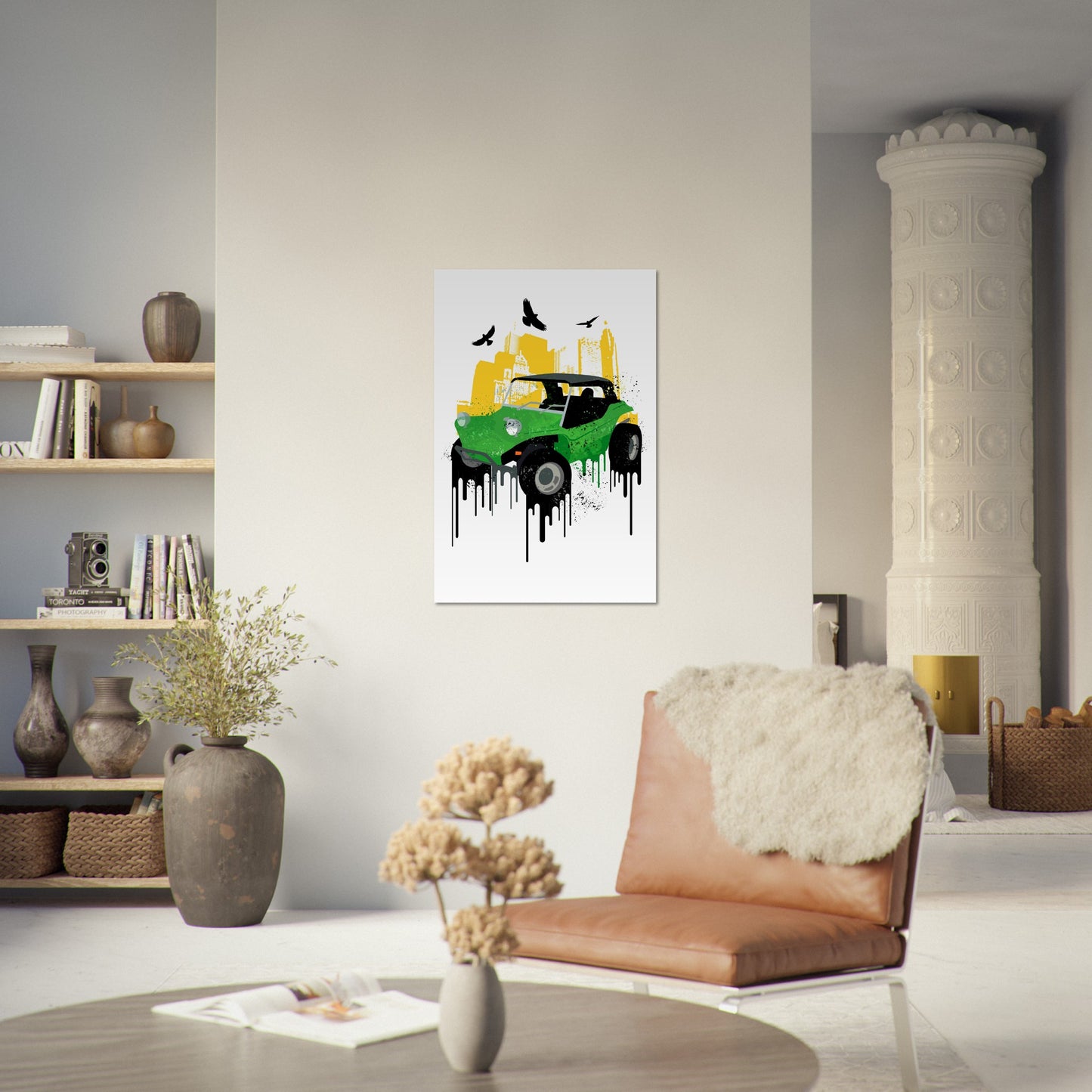 Premium Matte Paper Poster - Dune Buggy with City Background and Birds. Graphic Paint