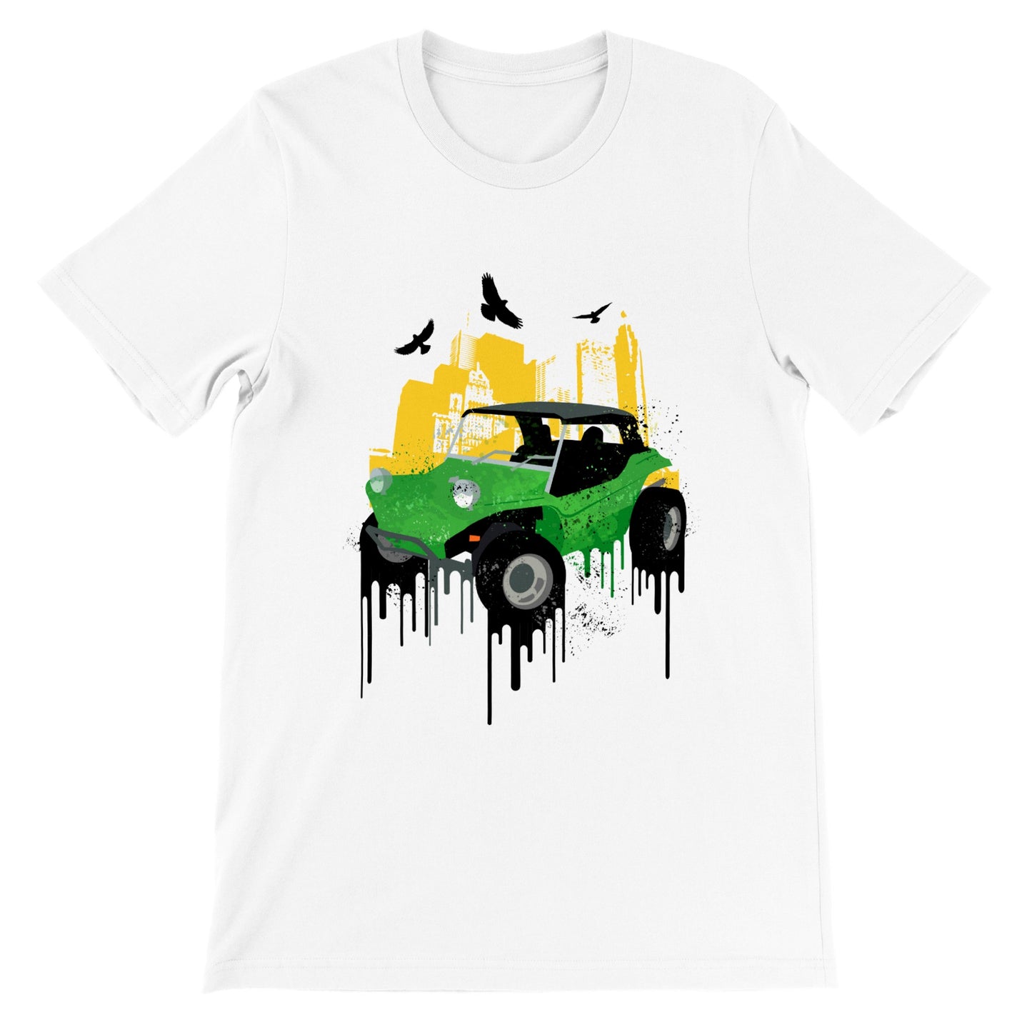 Premium Unisex Crewneck T-shirt - Dune Buggy with City Background and Birds. Graphic Paint.