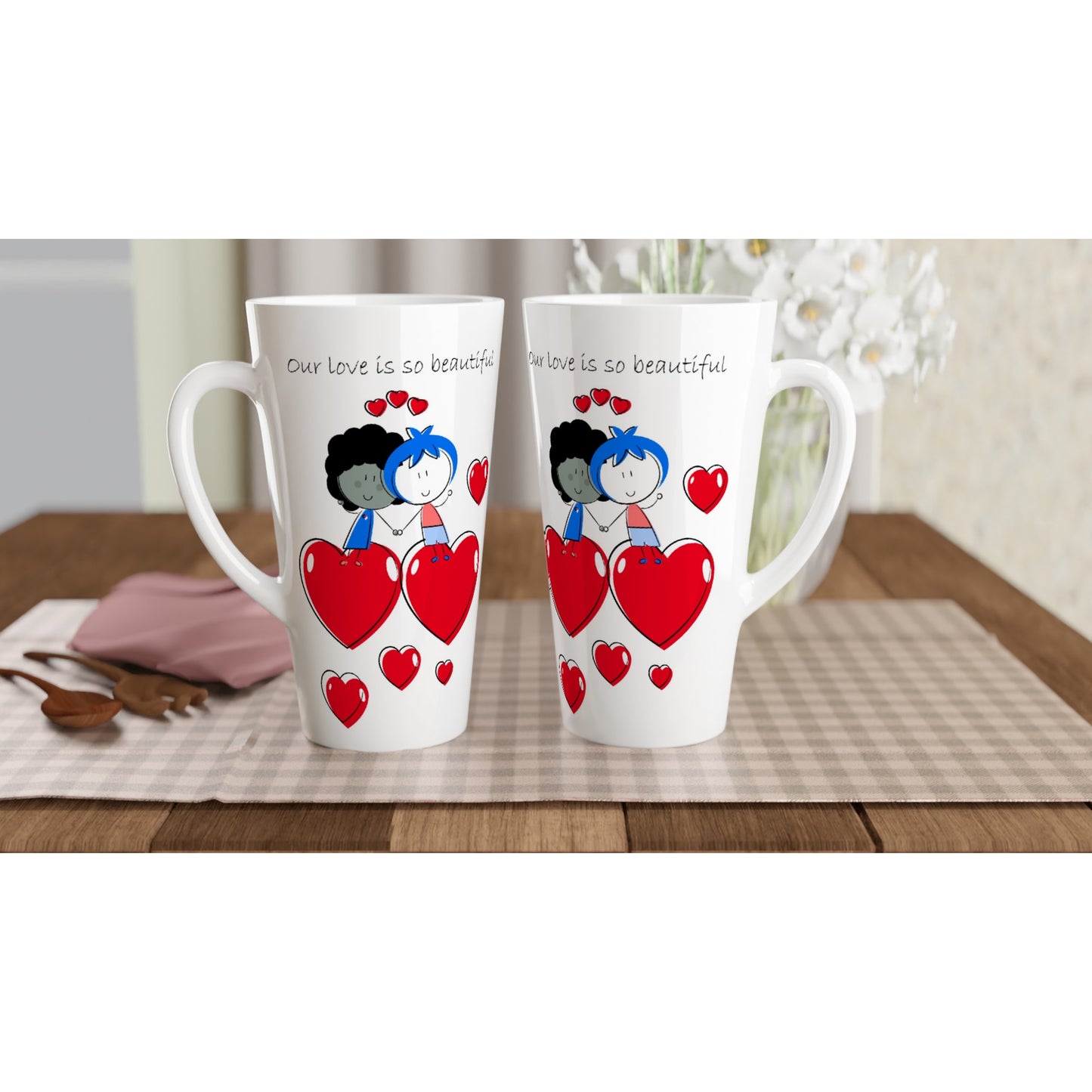 White Latte 17oz Ceramic Mug - Couple Standing and Holding Hands On Hearts - Valentine