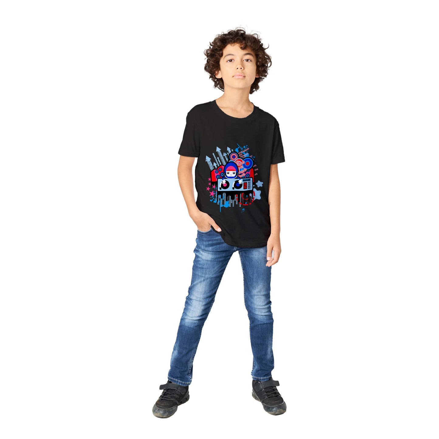 Premium Kids Crewneck T-shirt - Graphic Cartoon of a DJ on two Decks....Blue, Red and Pink