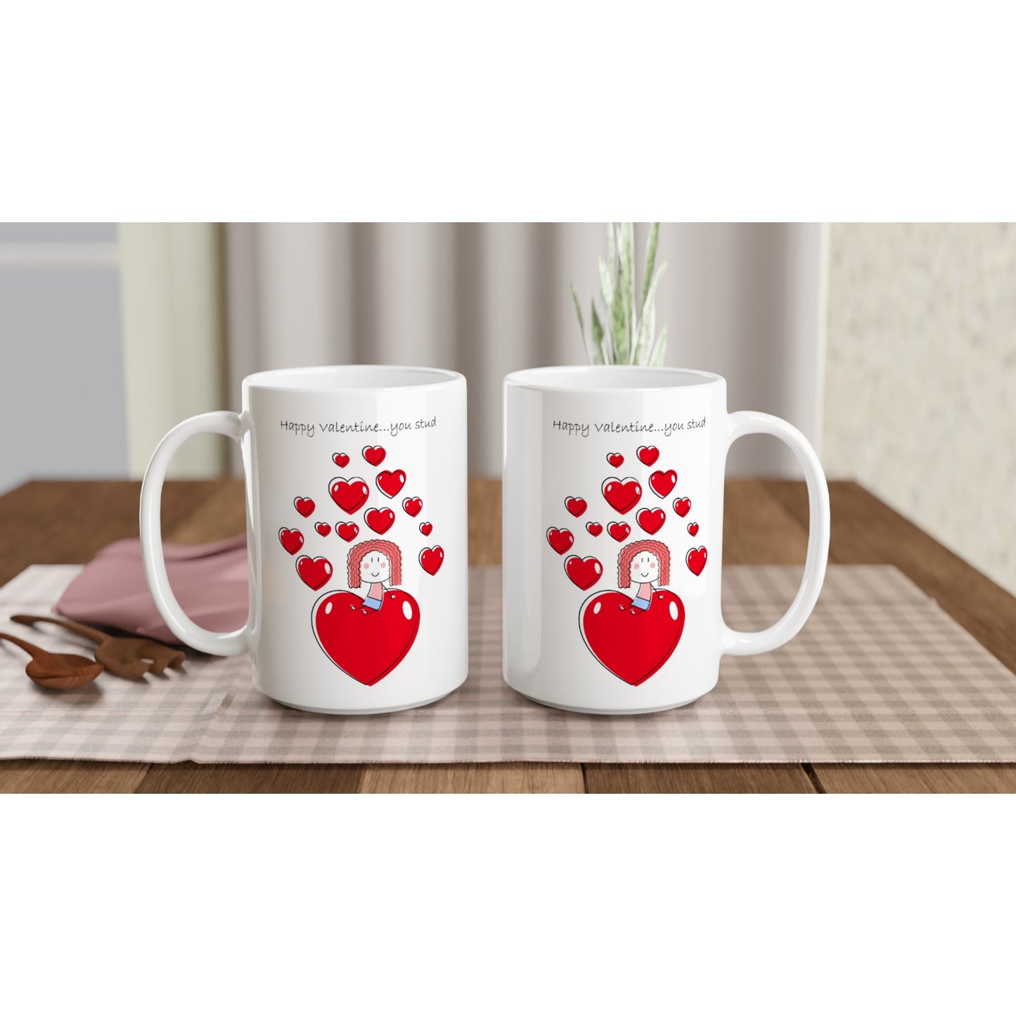 White 15oz Ceramic Mug - Girl sitting on Heart - Valentine