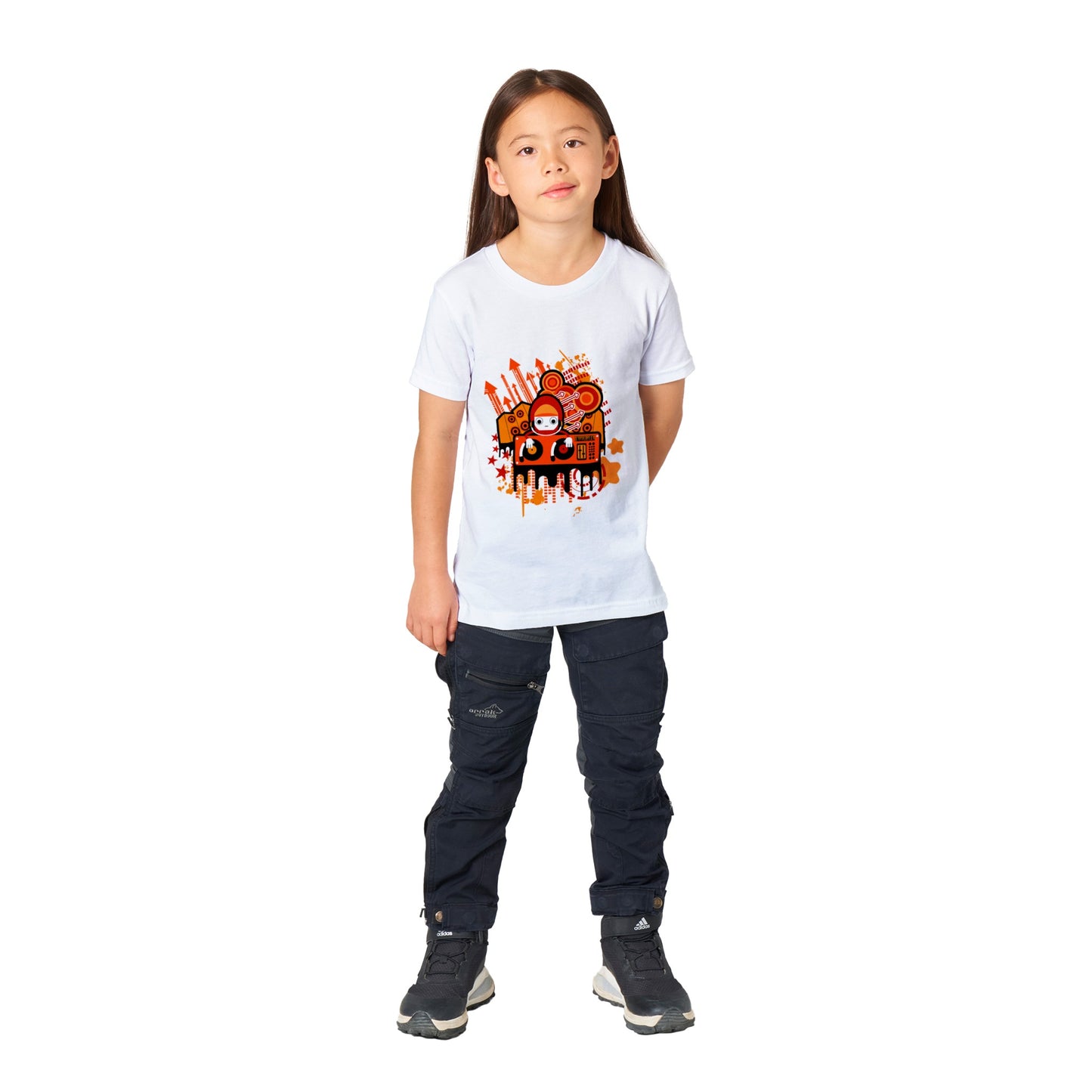 Premium Kids Crewneck T-shirt - Graphic Cartoon of a DJ on a Deck....Orange mixture.