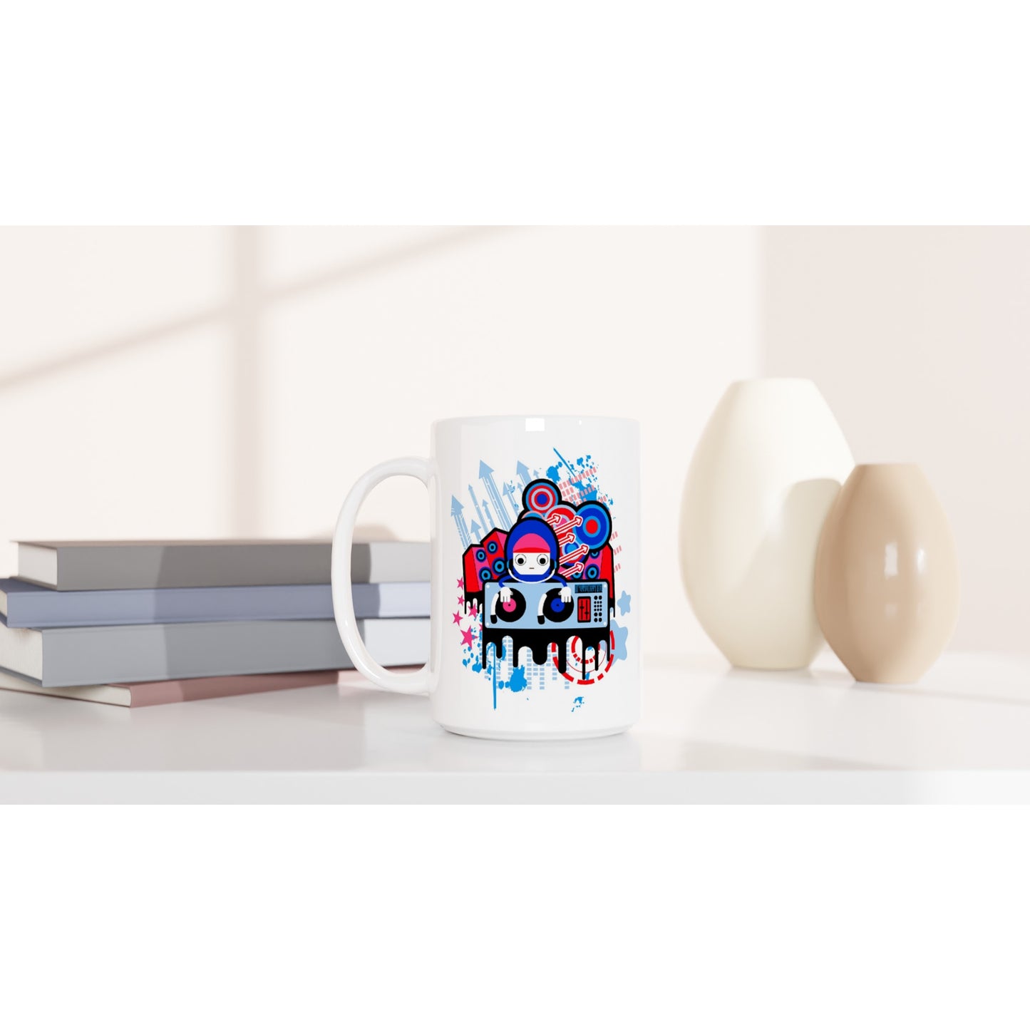 White 15oz Ceramic Mug - Graphic Cartoon of a DJ on two Decks....Blue, Red and Pink