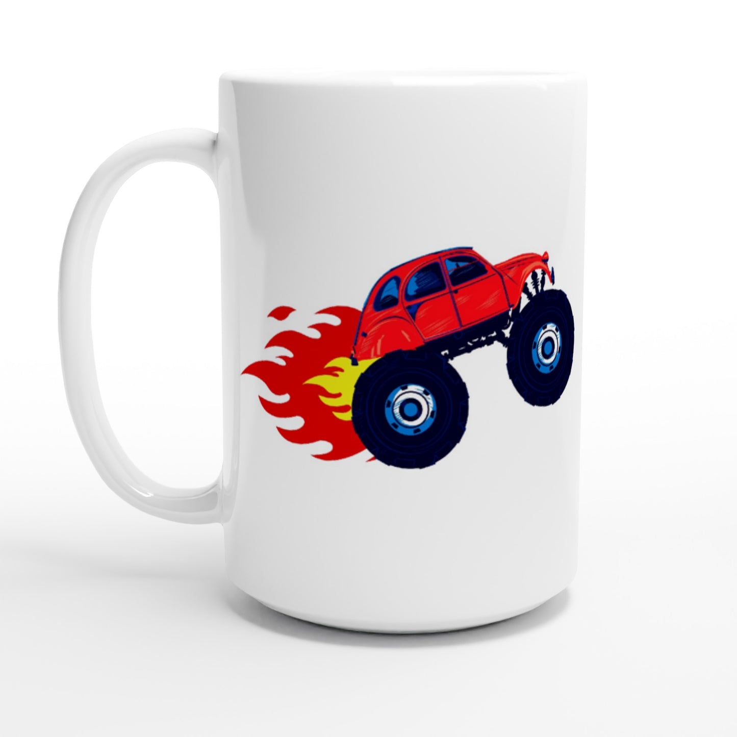 White 15oz Ceramic Mug - Monster Truck -2CV with Fire Blaze