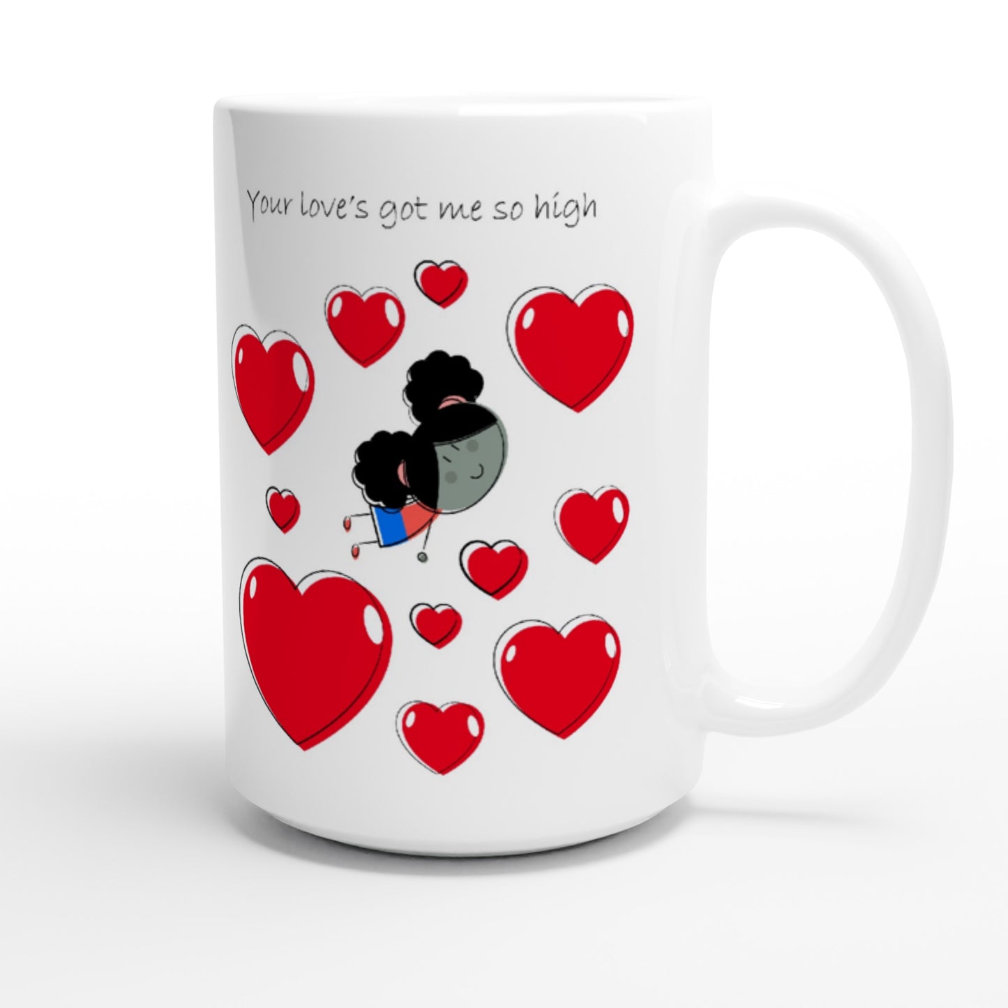 White 15oz Ceramic Mug - Girl Flying Between Hearts - Valentine