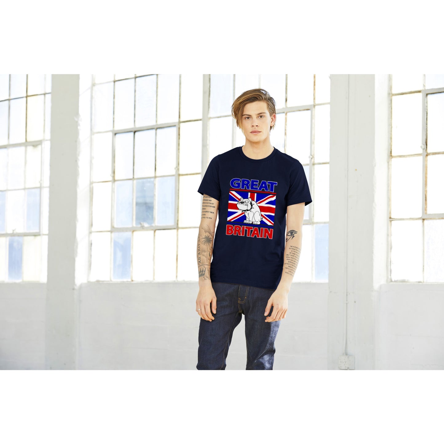 Premium Unisex Crewneck T-shirt - Cartoon Bulldog with Union Jack Flag