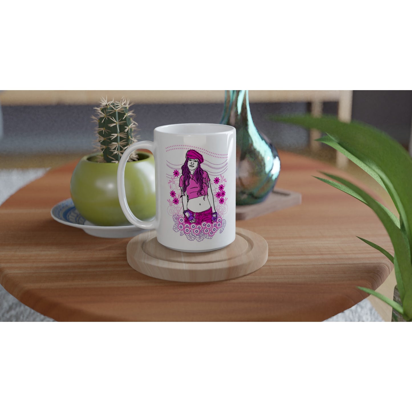 White 15oz Ceramic Mug - Girl In Pink-Nature And Floral