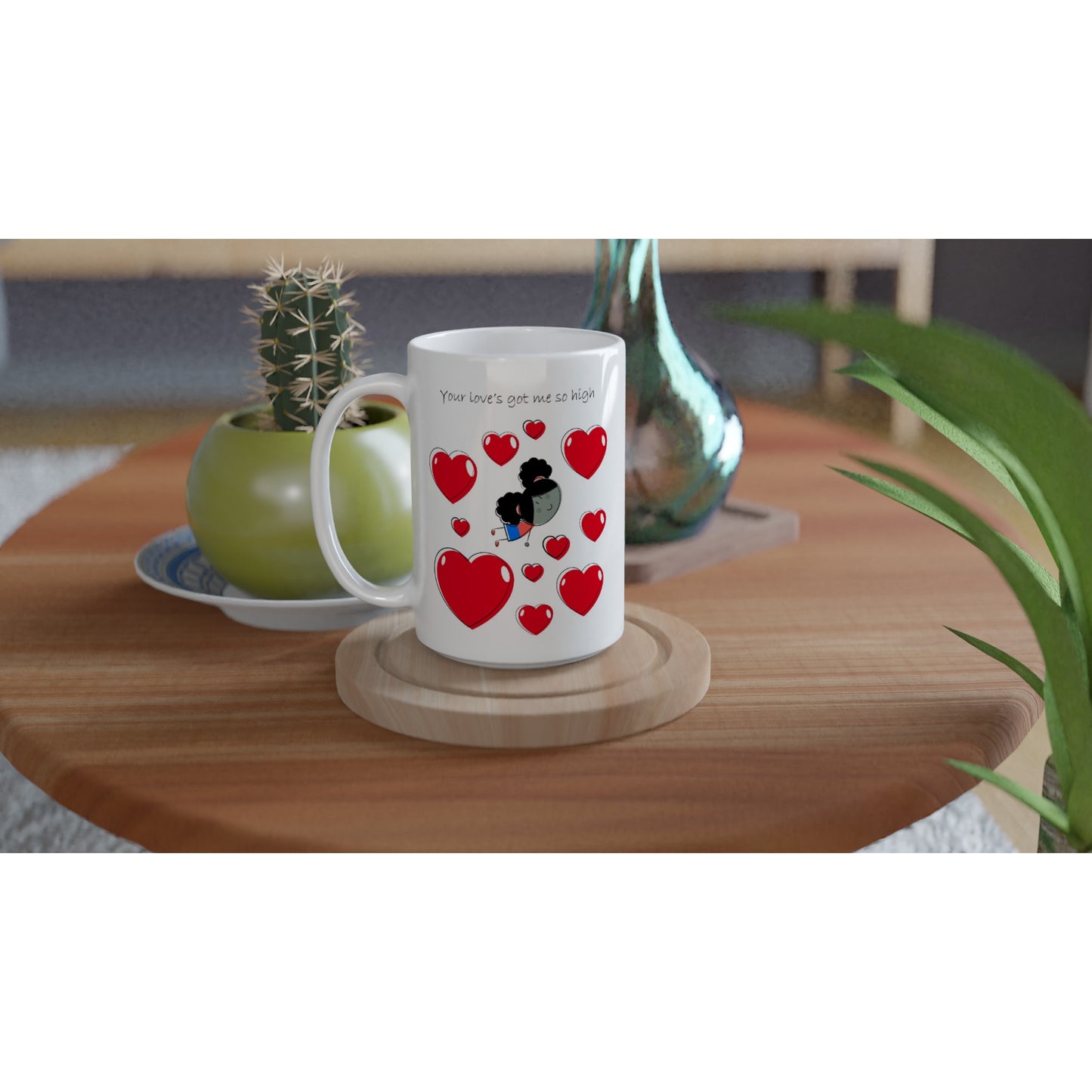 White 15oz Ceramic Mug - Girl Flying Between Hearts - Valentine