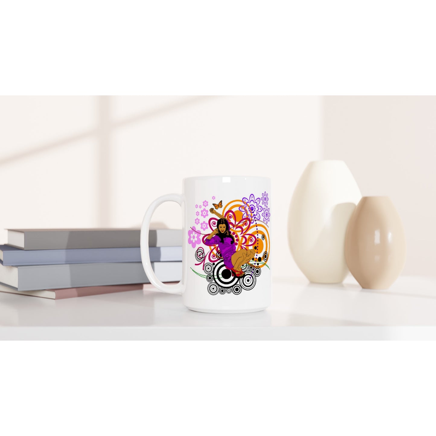 White 15oz Ceramic Mug - Girl in Purple - Top & Shorts - Graphic Floral