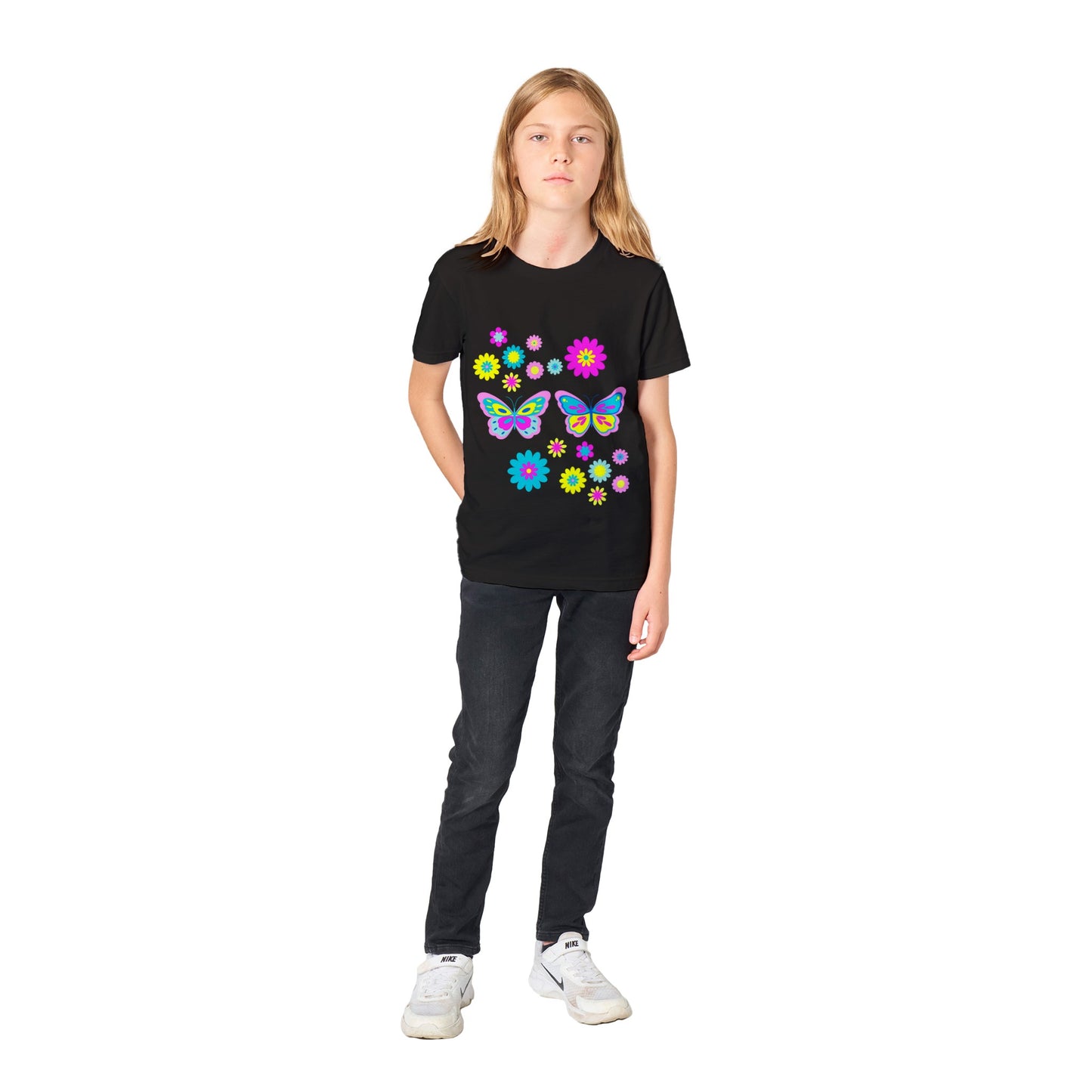 Premium Kids Crewneck T-shirt - Beautiful Graphic Floral and Butterflies in vibrant colours