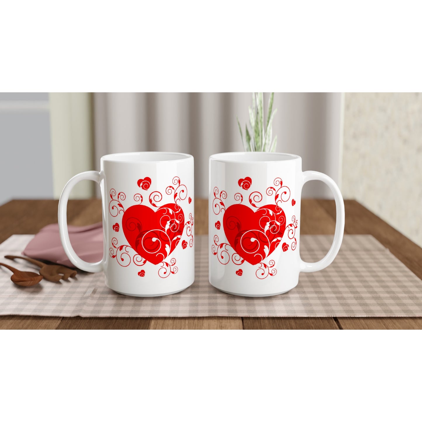 White 15oz Ceramic Mug - Beautiful Heart with Organic design - Valentine