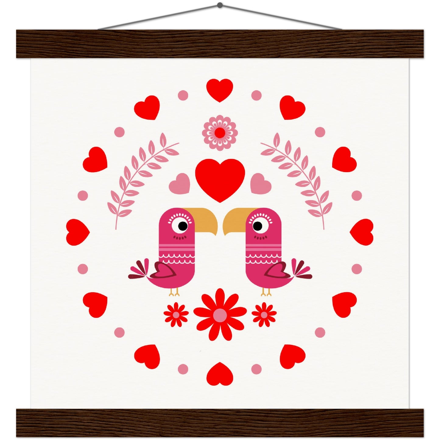 Museum-Quality Matte Paper Poster & Hanger - Birds Mirrored with Floral-Botanical and Circling Hearts - Valentine