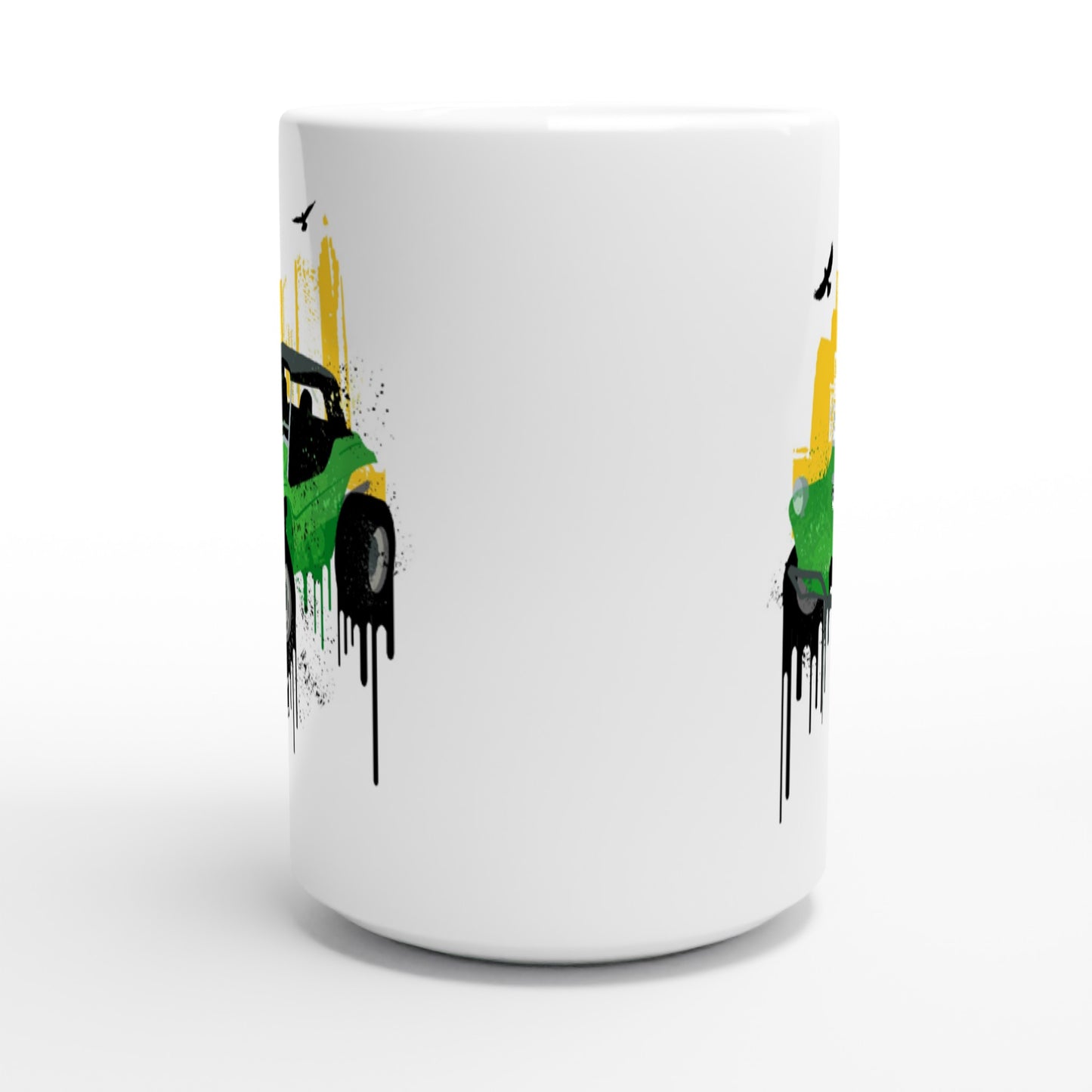 White 15oz Ceramic Mug - Dune Buggy with City Background and Birds. Graphic Paint.