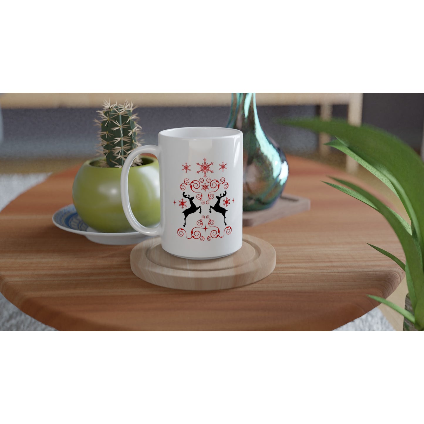 White 15oz Ceramic Mug reindeers-mirroring-snow crystals