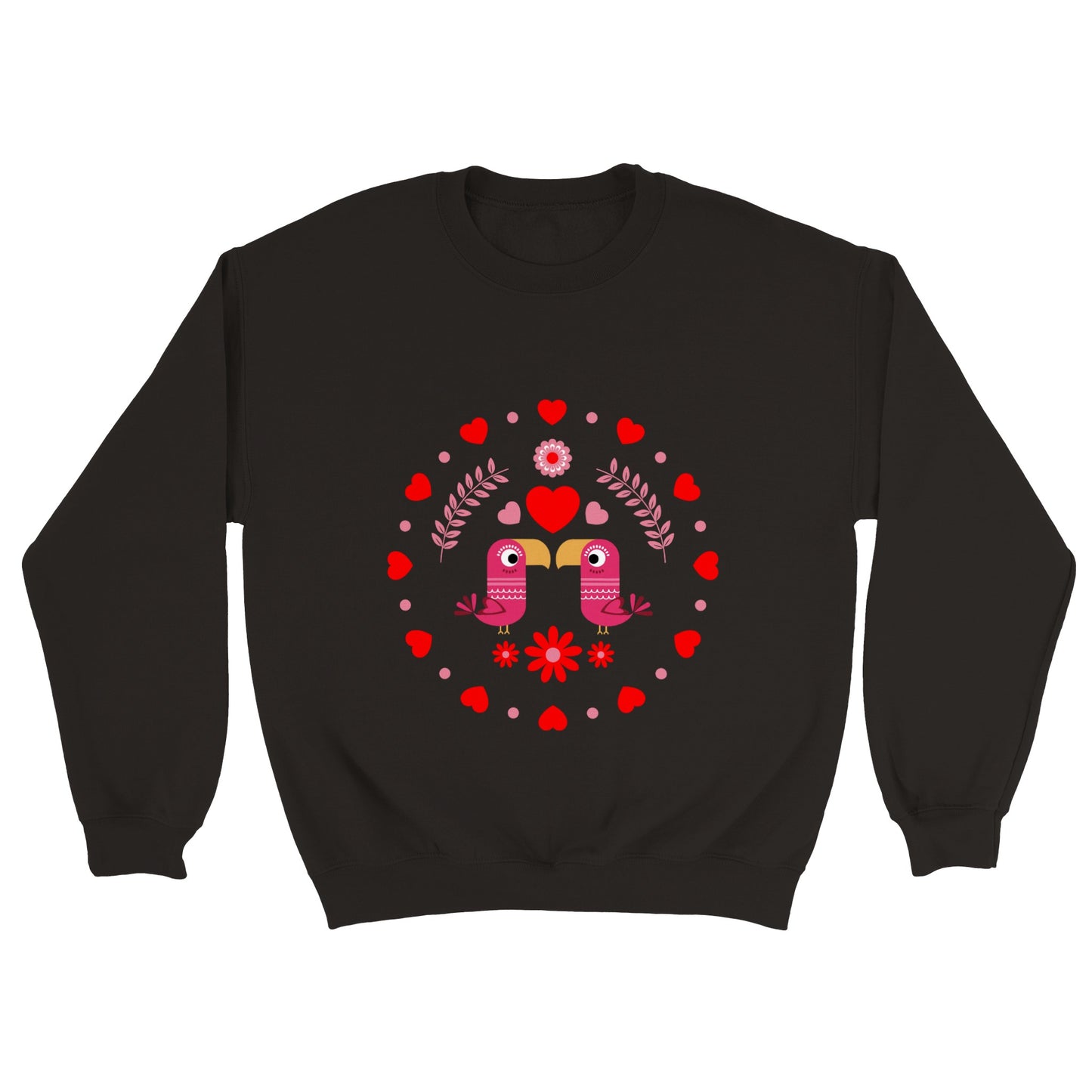 Classic Unisex Crewneck Sweatshirt - Birds Mirrored with Floral-Botanical and Circling Hearts - Valentine