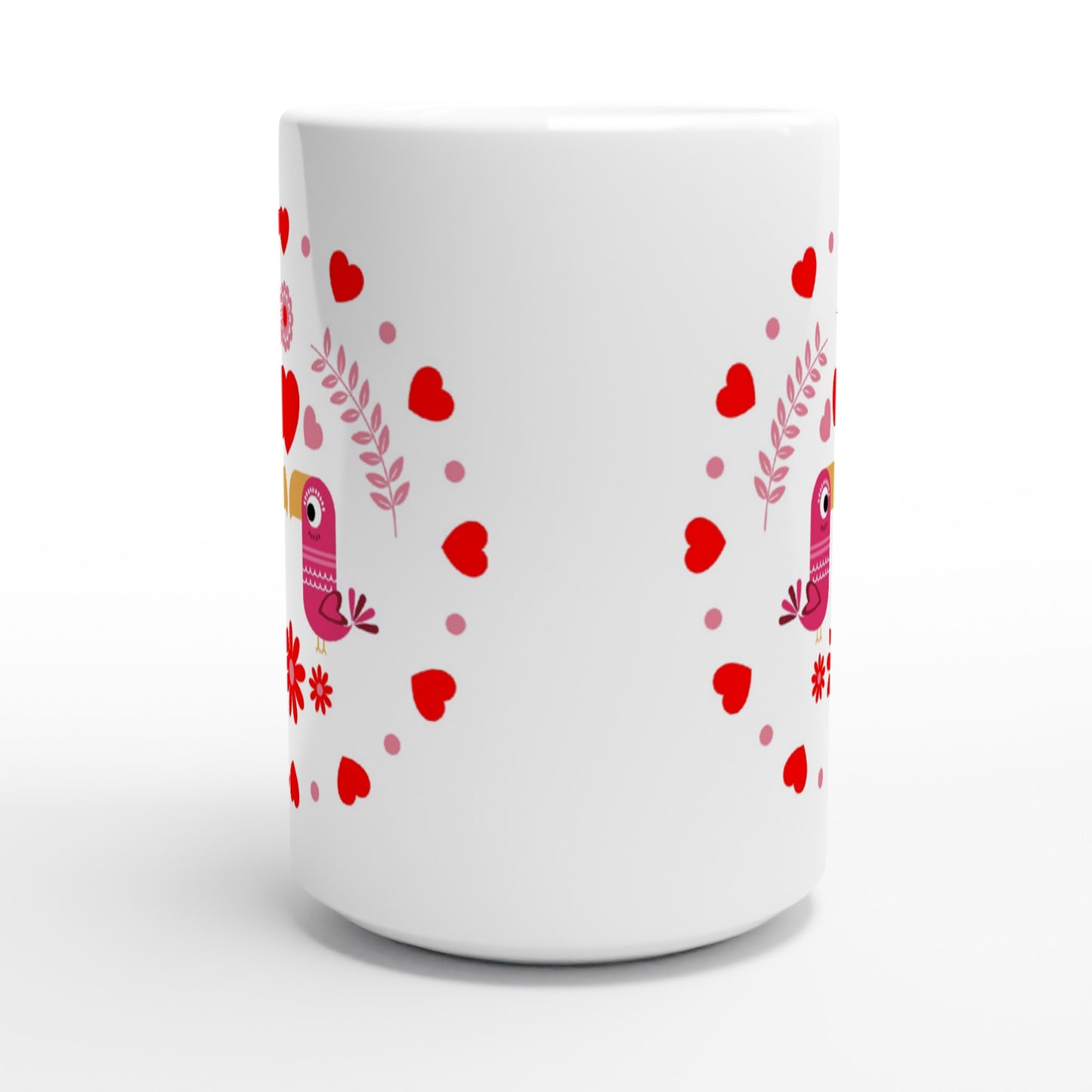 White 15oz Ceramic Mug - Birds Mirrored with Floral-Botanical and Circling Hearts - Valentine