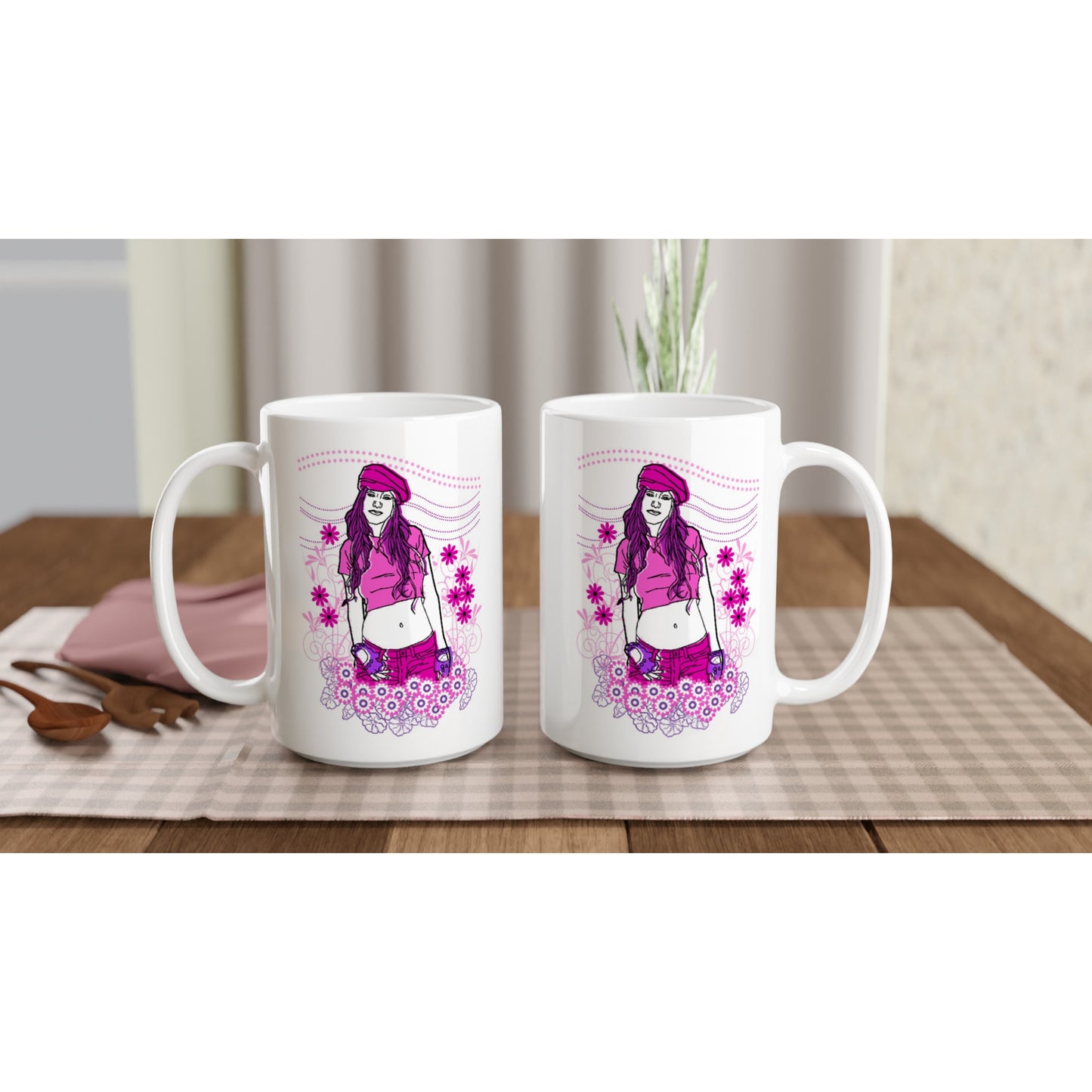 White 15oz Ceramic Mug - Girl In Pink-Nature And Floral