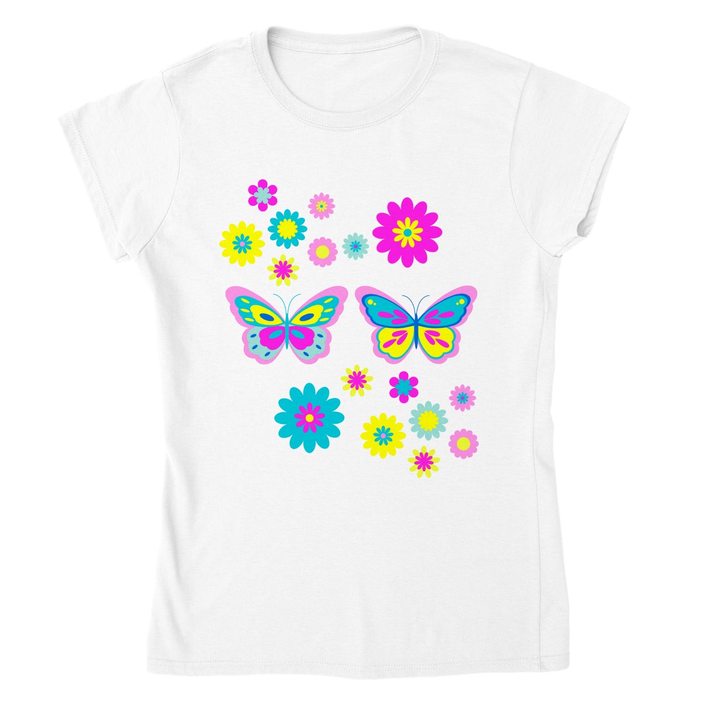 Classic Womens Crewneck T-shirt - Beautiful Graphic Floral and Butterflies in vibrant colours