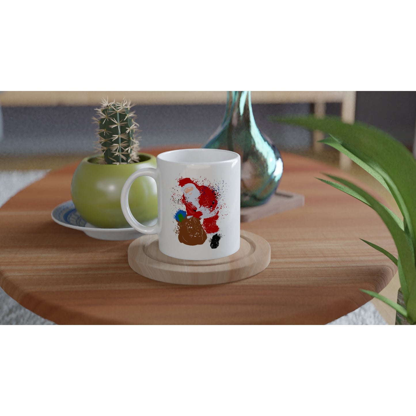 White 11oz Ceramic Mug Santa with Presents - Splattered paint