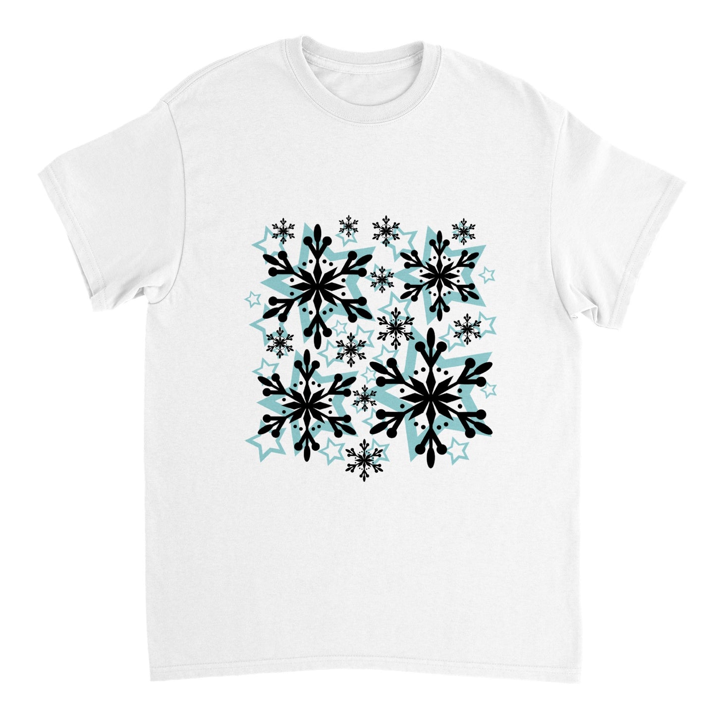 Heavyweight Unisex Crewneck T-shirt Snow Crystals and Blue Stars