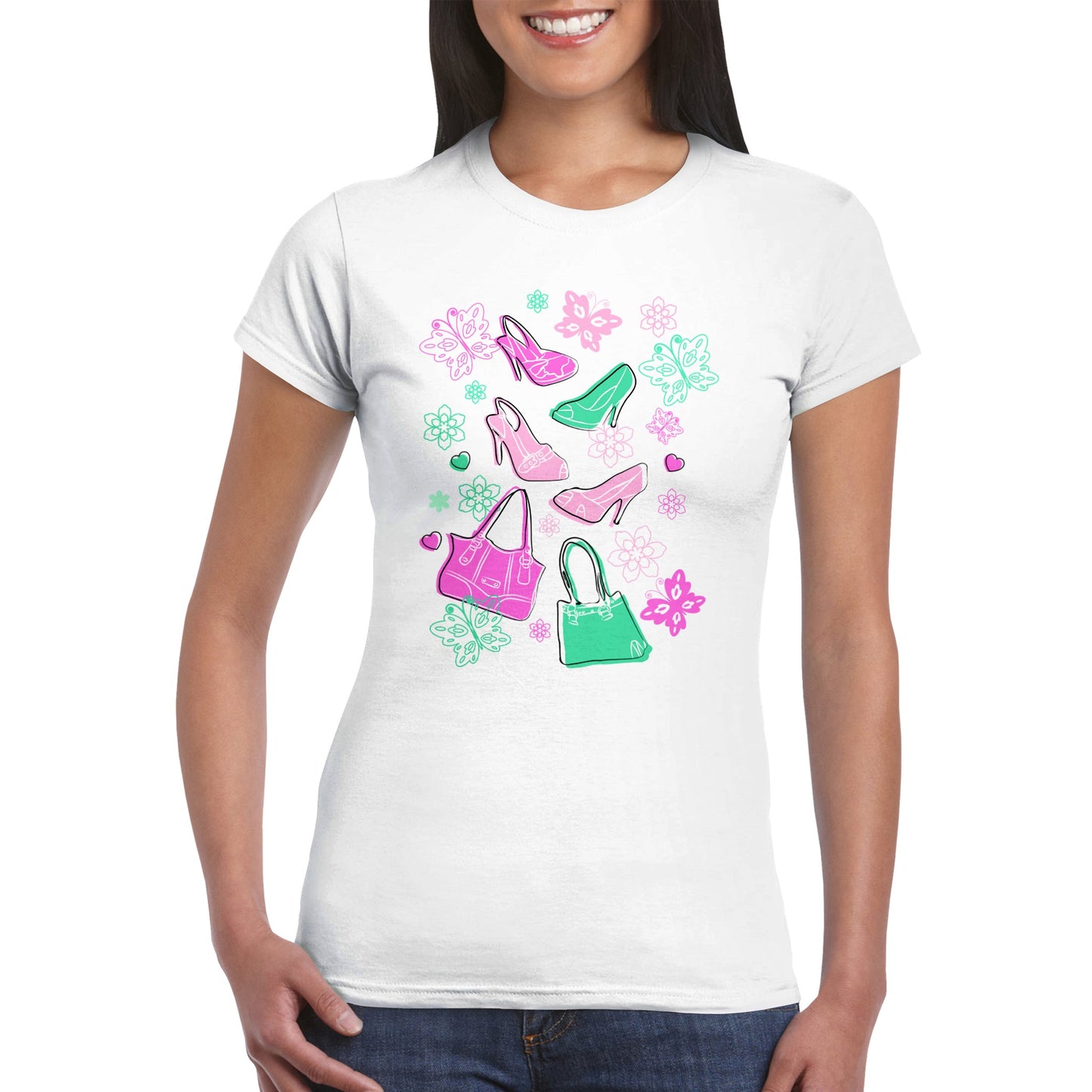 Classic Womens Crewneck T-shirt - Graphic Art of Shoes, Bags, Butterflies and Floral-Pink and Mint Colours