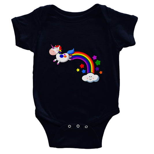 Classic Baby Short Sleeve Bodysuit Cute Unicorn flying wth Rainbow