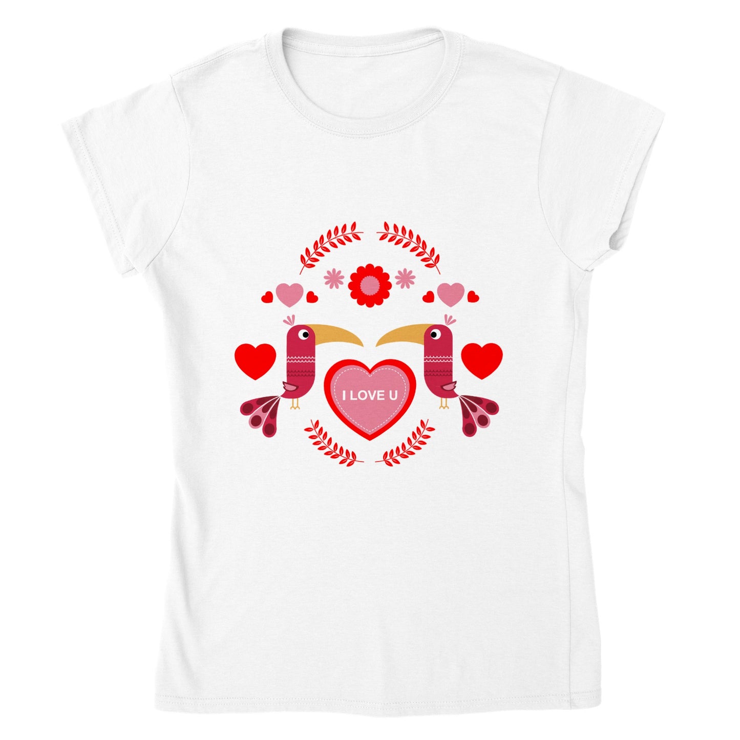 Classic Womens Crewneck T-shirt - Birds Mirrored with Floral-Botanical and Circling Hearts - Valentine