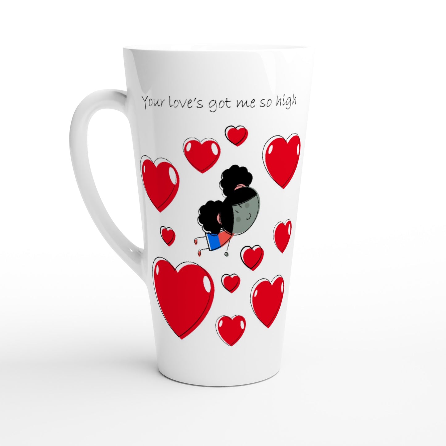 White Latte 17oz Ceramic Mug - White 15oz Ceramic Mug - Girl Flying Between Hearts - Valentine