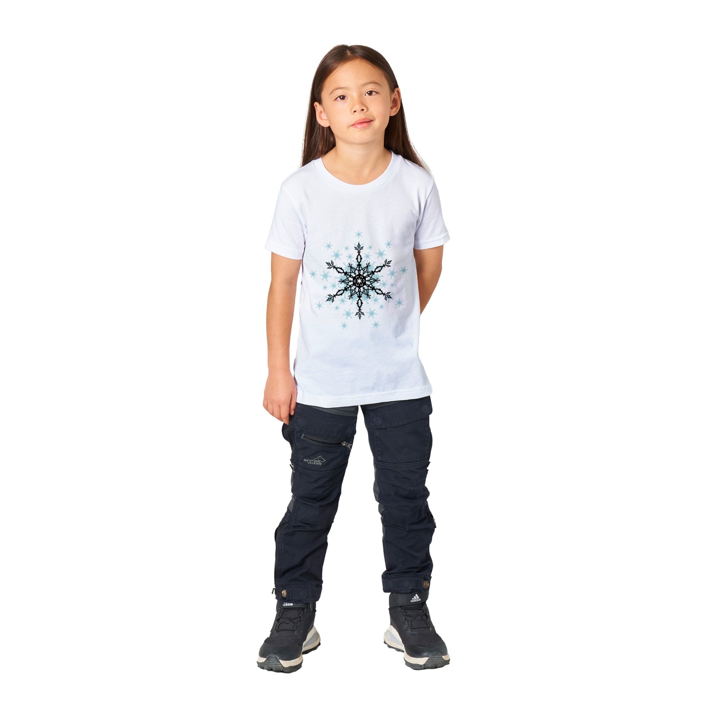 Premium Kids Crewneck T-shirt Snow Crystals- Black and Blue