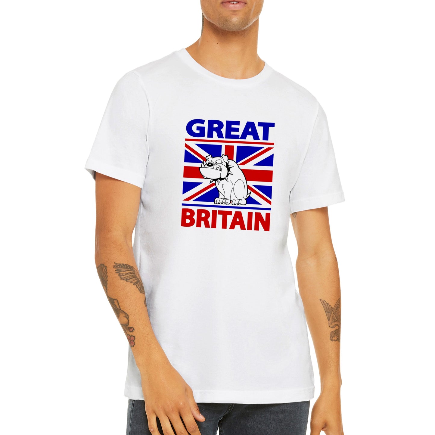 Premium Unisex Crewneck T-shirt - Cartoon Bulldog with Union Jack Flag