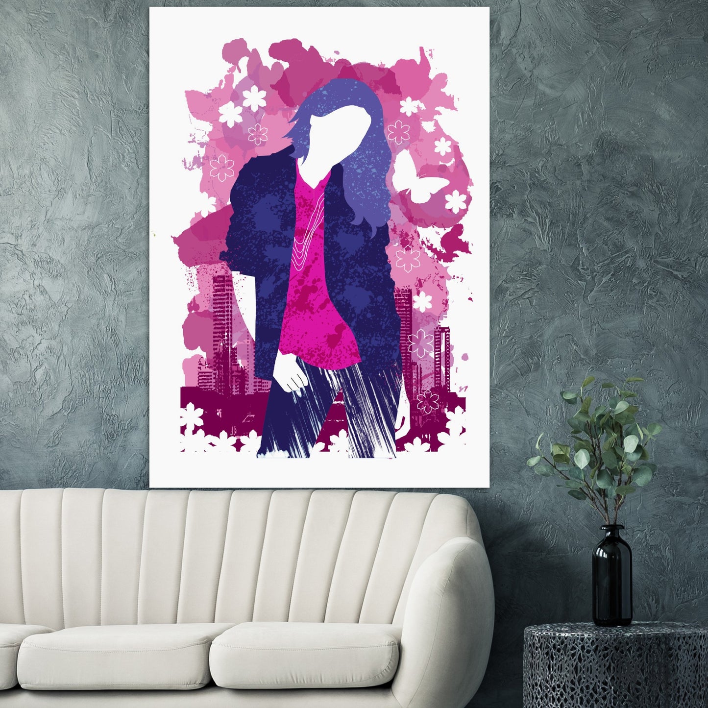 Premium Matte Paper Poster - Girl in Blue Jeans and Pink Shirt with City Skylines - Graphic Wash