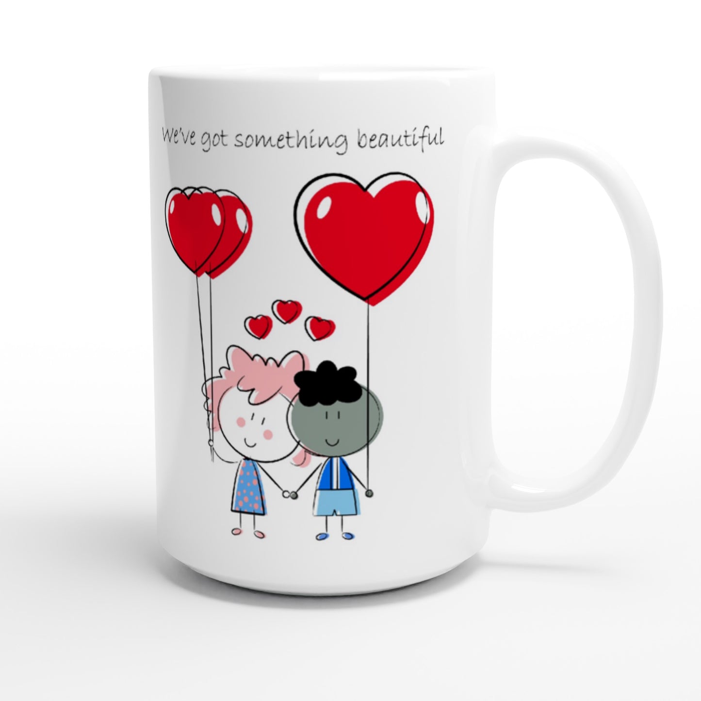 White 15oz Ceramic Mug - Couple Holding Heart Shaped Balloons - Valentine